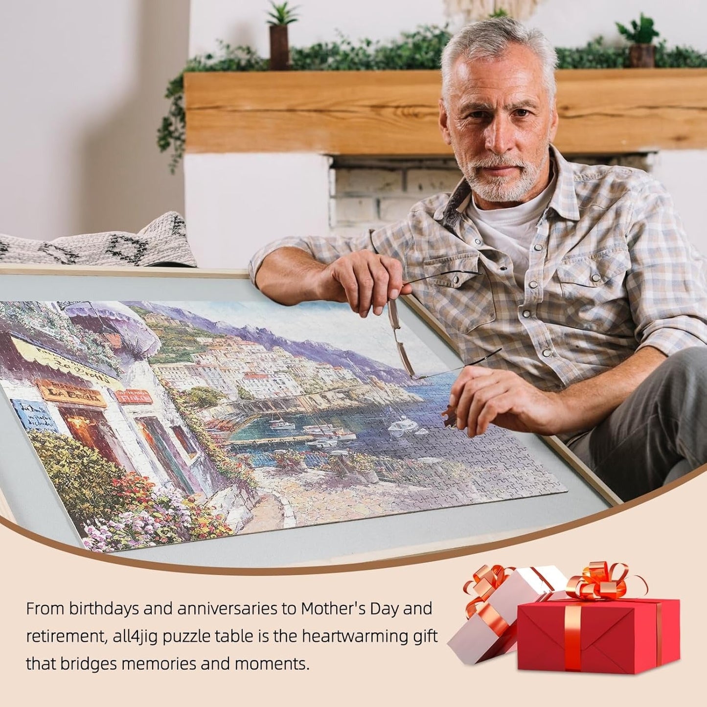 1500-Piece Rotating Jigsaw Puzzle with Drawer and Lid, 25" x 34" Portable Wooden Jigsaw Puzzle Table