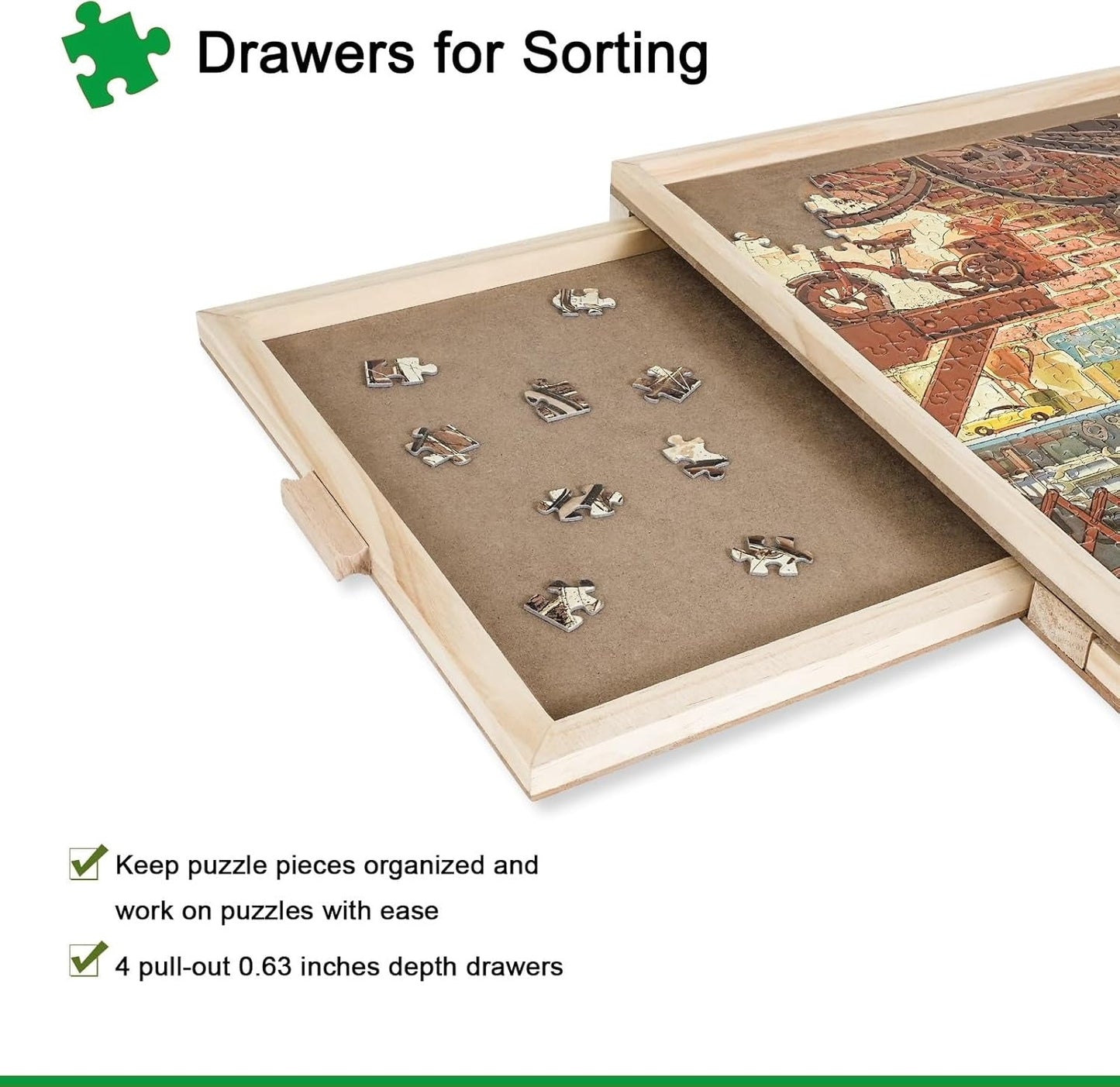 1500-Piece Rotating Jigsaw Puzzle with Drawer and Lid, 25" x 34" Portable Wooden Jigsaw Puzzle Table