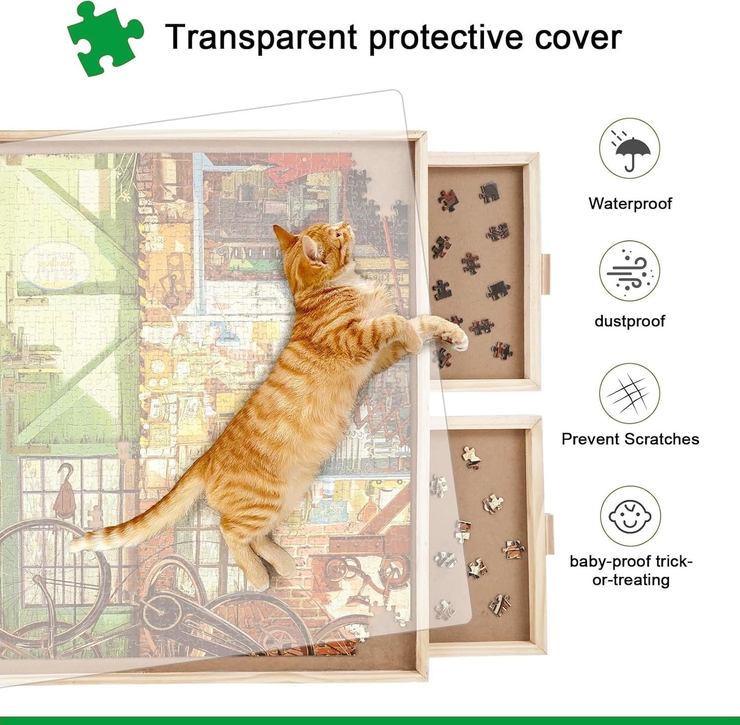 1500-Piece Rotating Jigsaw Puzzle with Drawer and Lid, 25" x 34" Portable Wooden Jigsaw Puzzle Table