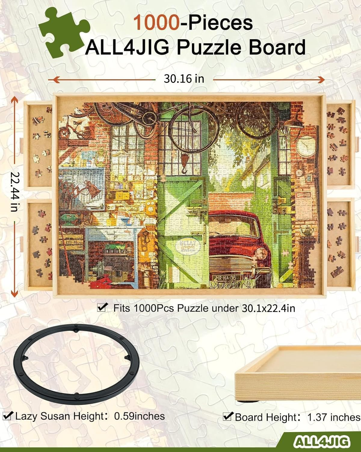 1500-Piece Rotating Jigsaw Puzzle with Drawer and Lid, 25" x 34" Portable Wooden Jigsaw Puzzle Table