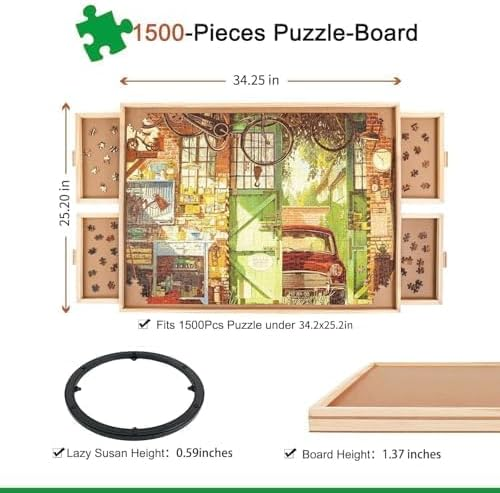 1500-Piece Rotating Jigsaw Puzzle with Drawer and Lid, 25" x 34" Portable Wooden Jigsaw Puzzle Table