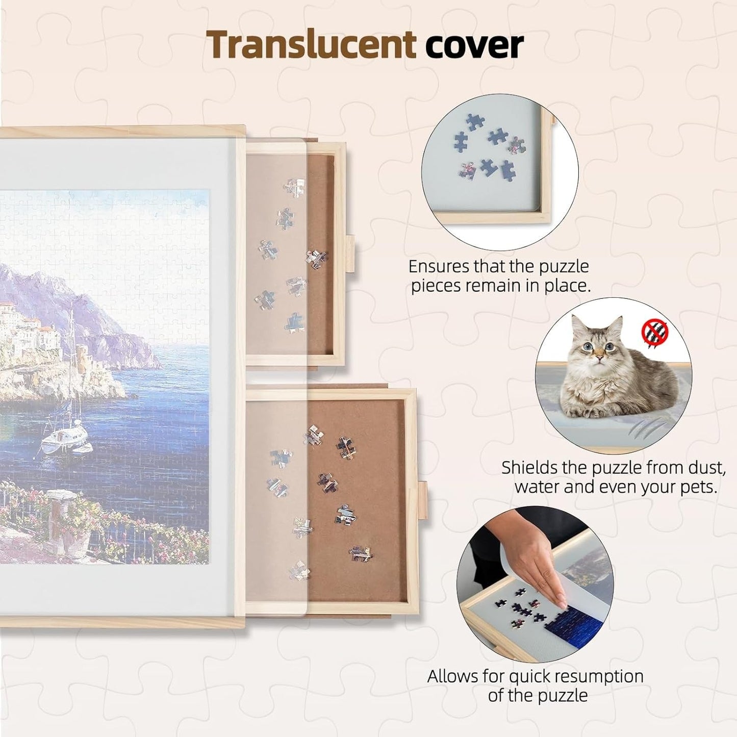 1500-Piece Rotating Jigsaw Puzzle with Drawer and Lid, 25" x 34" Portable Wooden Jigsaw Puzzle Table