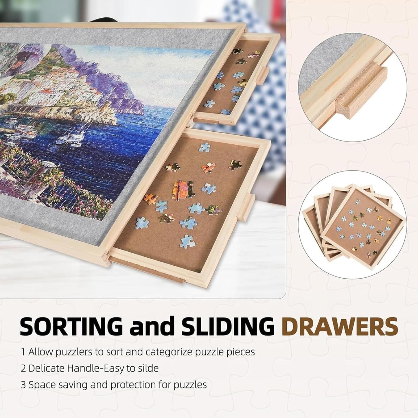 1500-Piece Rotating Jigsaw Puzzle with Drawer and Lid, 25" x 34" Portable Wooden Jigsaw Puzzle Table