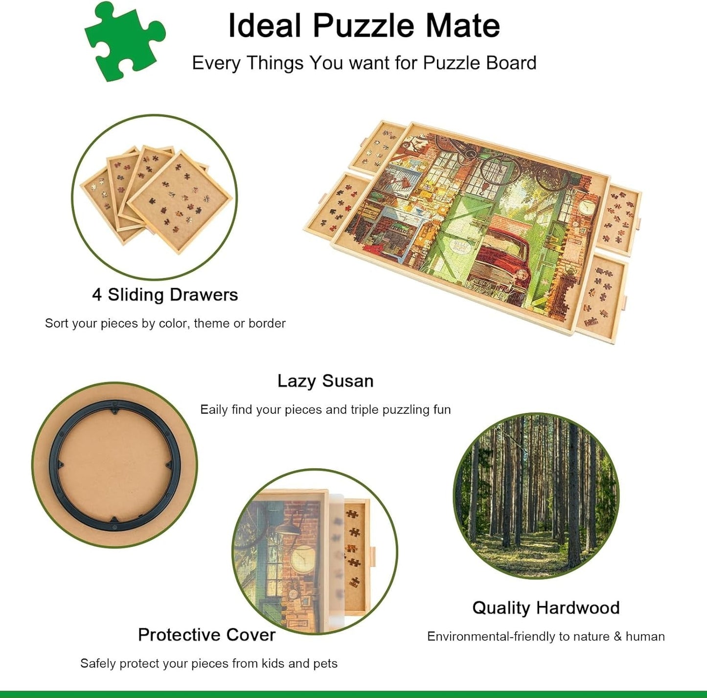 1500-Piece Rotating Jigsaw Puzzle with Drawer and Lid, 25" x 34" Portable Wooden Jigsaw Puzzle Table
