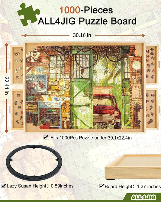 1500-Piece Rotating Jigsaw Puzzle with Drawer and Lid, 25" x 34" Portable Wooden Jigsaw Puzzle Table