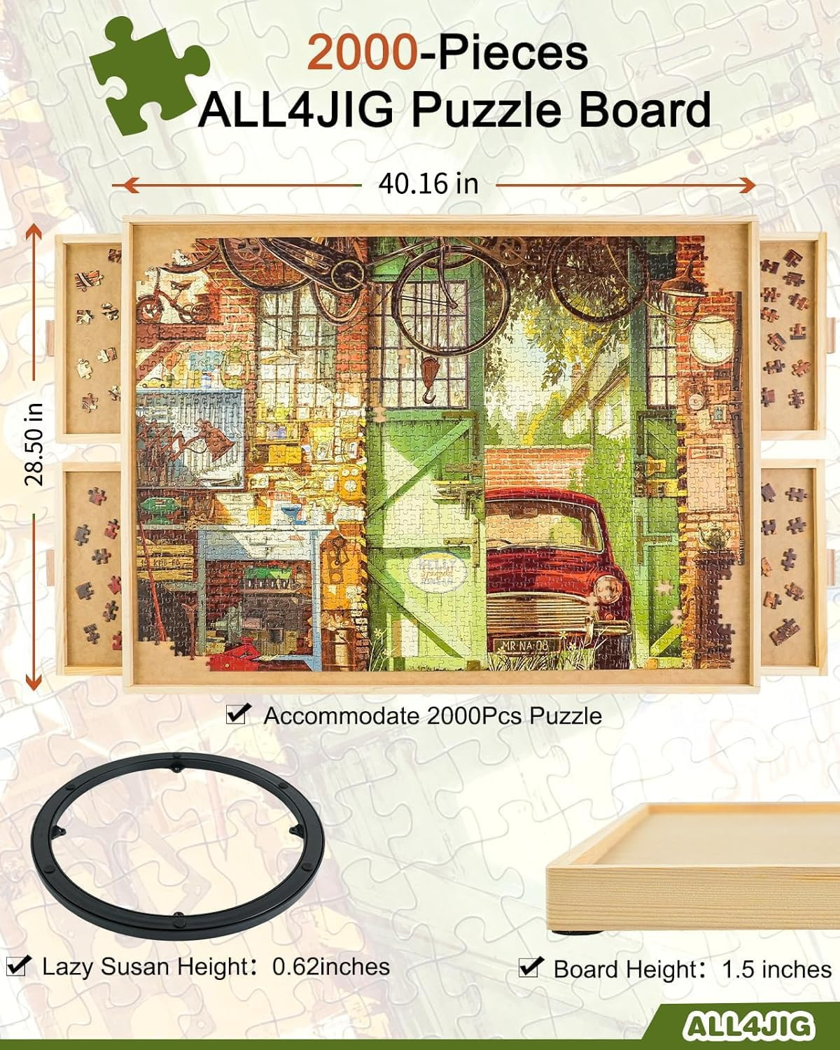 1500-Piece Rotating Jigsaw Puzzle with Drawer and Lid, 25" x 34" Portable Wooden Jigsaw Puzzle Table